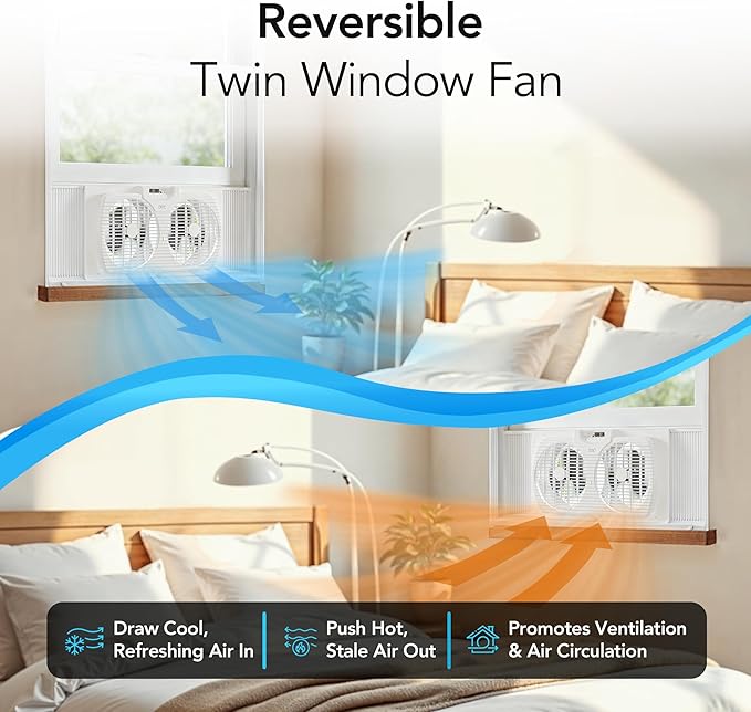 Comfort Zone Window Fan for Bedroom, 9 inch 3 Speed Dual Fans with Auto-Locking Expanders, Window Exhaust Fan, Removeable Bug Screen, White