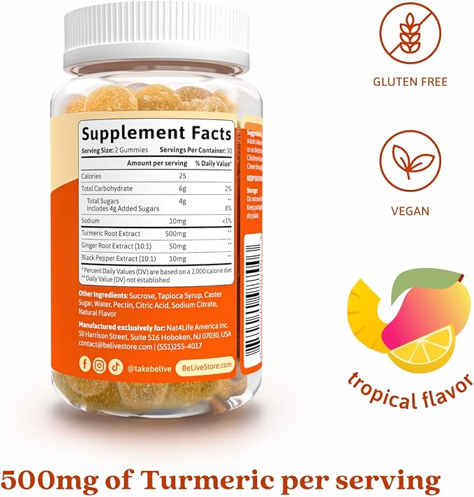BeLive Turmeric Curcumin with Black Pepper & Ginger - 500 mg of Turmeric and Ginger Supplement for Immune Support, Healthy Skin, and Joint Health - Tropical Flavor | 60 Count
