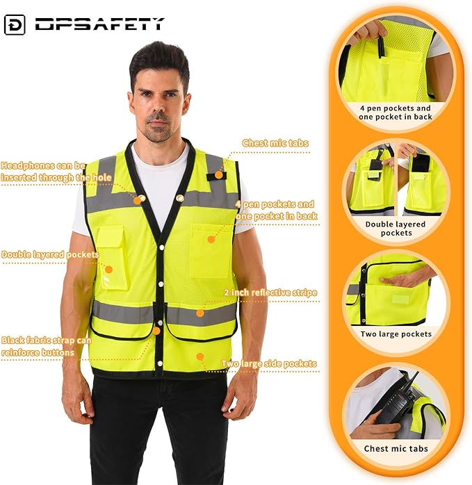 Reflective Safety Vest With Back Pocket - Hi Vis Class 2 Heavy Duty Surveyor Vest - ANSI/ISEA Standard - Men's & Women's (Lime-Button, 3XL)