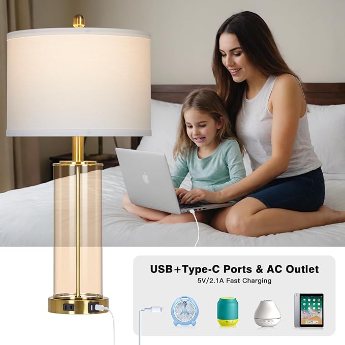 26" Modern Brown Glass Table Lamps Set of 2, Bedside Lamp with USB A+C Ports & AC Outlet, Living Room Lamps with 3-Way Dimmable Touch Control, Stylish Bedside Lamp for Bedroom Nightstand Dining Table