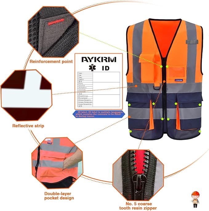 6XL-8XL Orange&Navy High visibility vest,ZIPPER Reflective Safety Vest Workwear 7 Pockets Hi Vis Durable Vest with Reflective Tapes