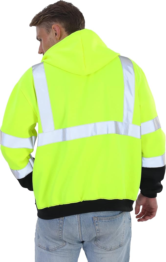 sesafety High Visibility Safety Sweatshirt for Men, Class 3 Reflective Zippered Hooded Sweatshirt, Hi-Vis Safety Hoodie with Black Bottom
