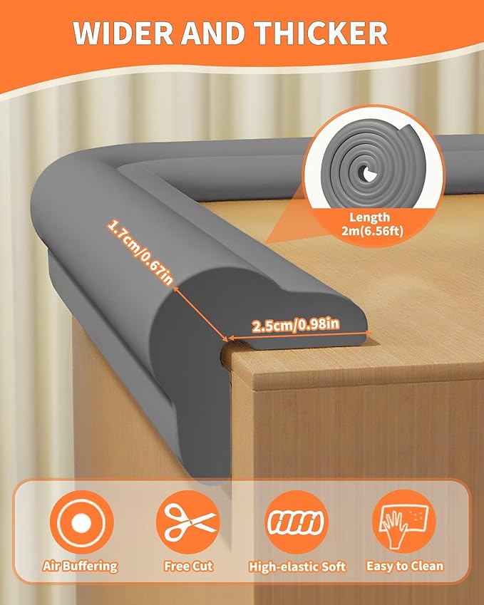 Edge Protector for Baby Proofing, 6.6FT 0.67’’Th L-Shape Air Buffering Soft NBR Rubber Foam Furniture Edge Bumper Guards with 6 Corners, Pre-Taped, Thick Table Bumper Guard for Babies (Grey)