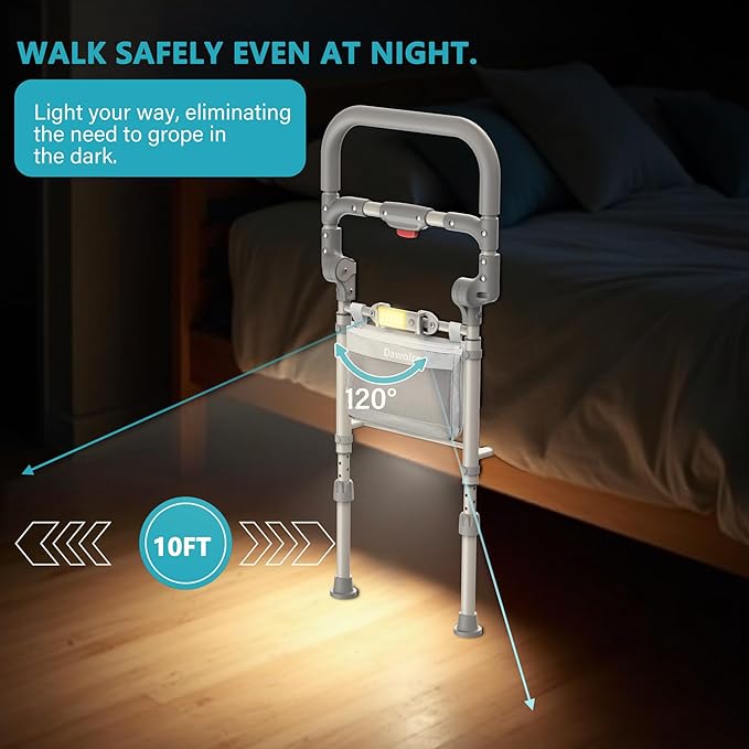 Bed Rails for Elderly Adults Safety Foldable Bed Side Assist Rail for Seniors with Motion Sensor Light & Storage Pocket, Adjustable Height Bedrails for Queen King Full Size Bed, 400 Lbs