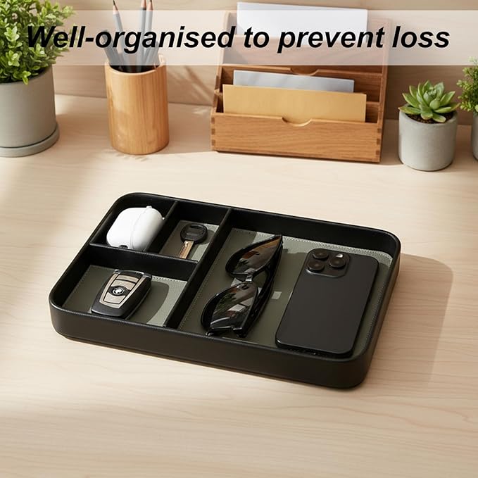 Leather Tray, Stylish and Organized Multifunctional Tray, for Table Entryway, Premium PU Leather, Catchall Trays for Keys, Watch, Wallet, Jewelry, and More (Black Frame)