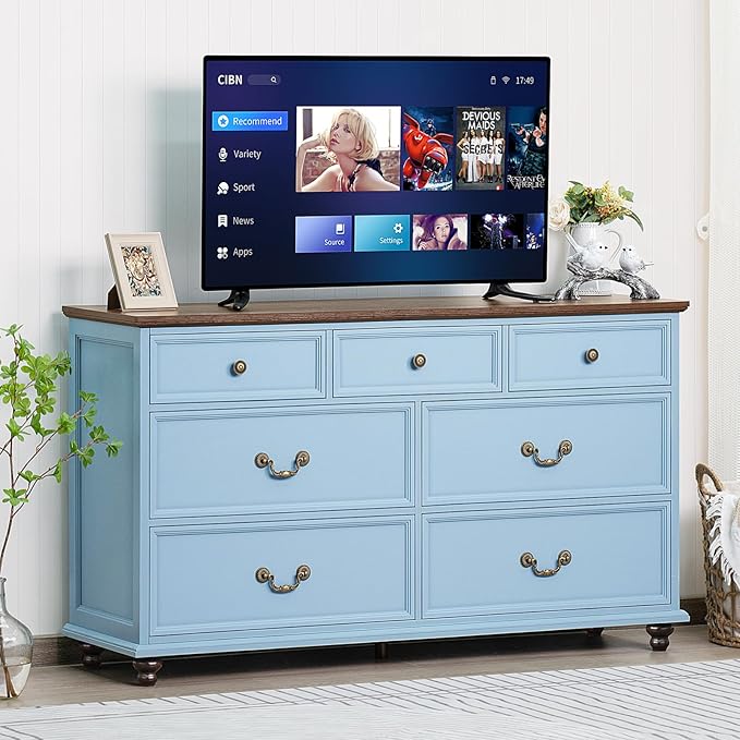 Farmhouse 54" 7 Drawers Dresser for Bedroom, Wide Wood Chest of Drawers w/ 4 Wooden Legs, Vintage Large Storage Dressers Organizer for Hallway, Rustic TV Stand for Living Room, Light Blue