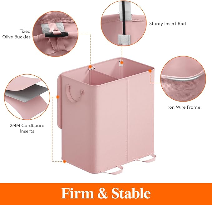 Lifewit Double Laundry Hamper with Lid and Removable Laundry Bags, Large Collapsible 2 Dividers Dirty Clothes Basket with Handles for Bedroom, Laundry Room, Closet, Bathroom, College, 136L Pink
