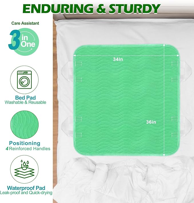 Positioning Bed Pad with Handles - Quick Drying Bed Pads with 8 Reinforced Handles, Washable Waterproof Reusable Pads for Elderly, Bedridden, Turning, Lifting, Transferring 34" × 36", 2Pack
