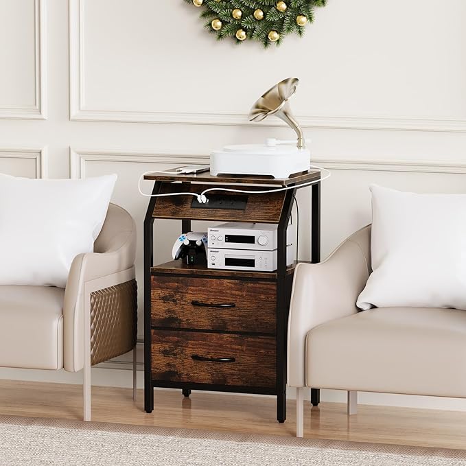 End Table with LED Lights, Nightstand with 2 Drawers and Type C Charging Station, Small Fabric Dresser for Bedside, Storage Side Table for Living Room Dorm, Rustic Brown