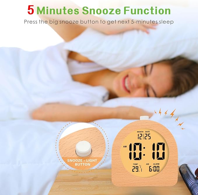 Plumeet Wooden Digital Alarm Clock for Bedrooms, Wood 4'' Battery Powered Alarm Clock with Snooze and Nightlight, Electronic LCD Desk Clock Display Time, Date, Temp, 12/24H, Wood Décor, Round, Brown