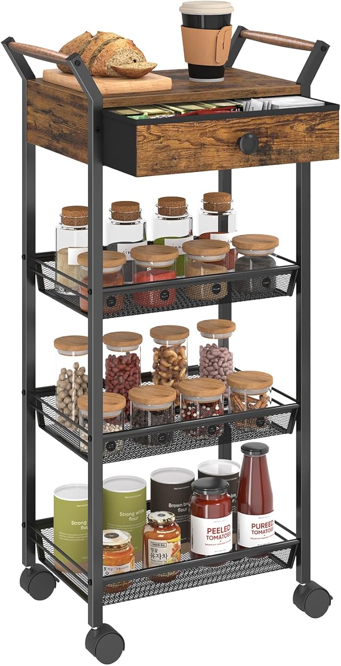 5-Tier Storage Cart, Rolling Utility Cart, Metal Fruit Vegetable Basket for Kitchen, with Handle, Lockable Wheels, Drawer, Rolling Cart Organizer for Pantry, Makeup, Rustic Brown