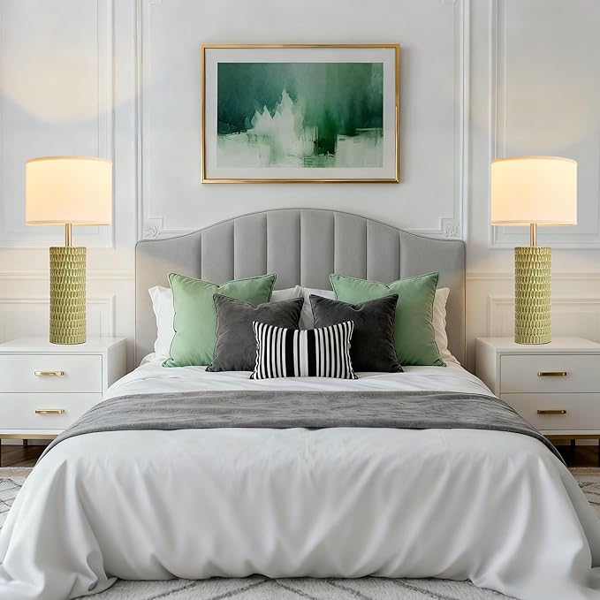 26.5" Ceramic Table Lamp, Table Lamp for Living Room, Green Lamp for Bedroom, Night Stand Lamps, Modern Bedside Lamp Set of 2, End Table Lamps, Green