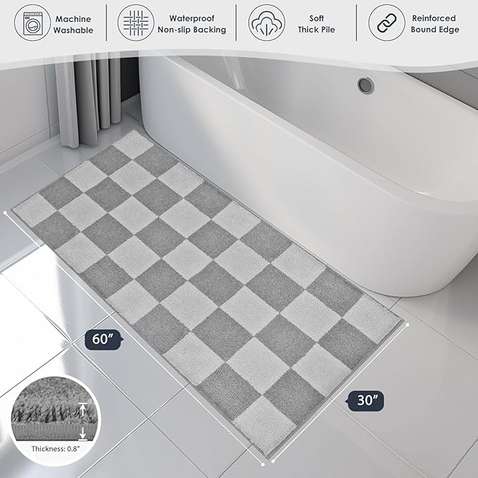 PURRUGS Bathroom Rug Non-Slip Machine Washable 30" x 60", Super Absorbent and Quick-Dry Bath Mat, Extra Soft and Plush Bath Rug for Shower, Bathtub and Sink, Light Grey & Grey