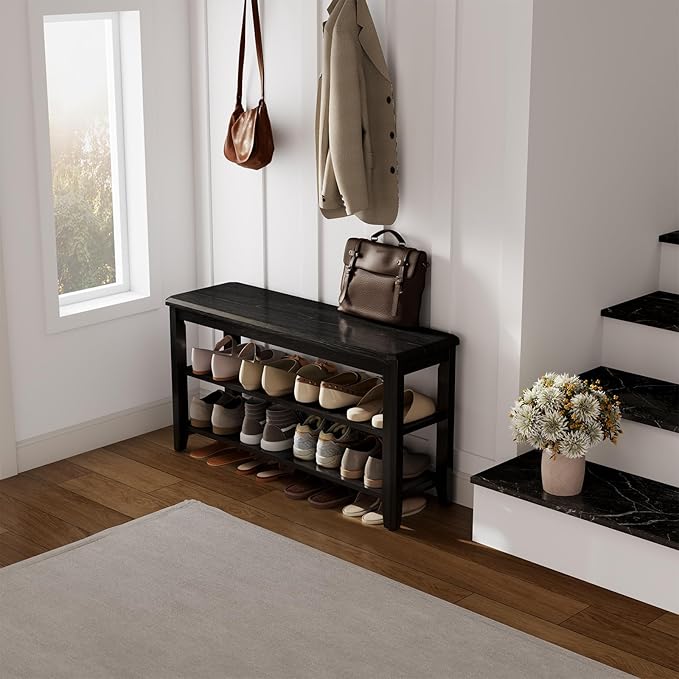 AQIMUELE Wood Shoe Rack Bench for Entryway, 2 Tier Shoe Rack for Front Door Entrance, Shoe Bench with Shoe Storage for Entryway, Bedroom, 39.4"