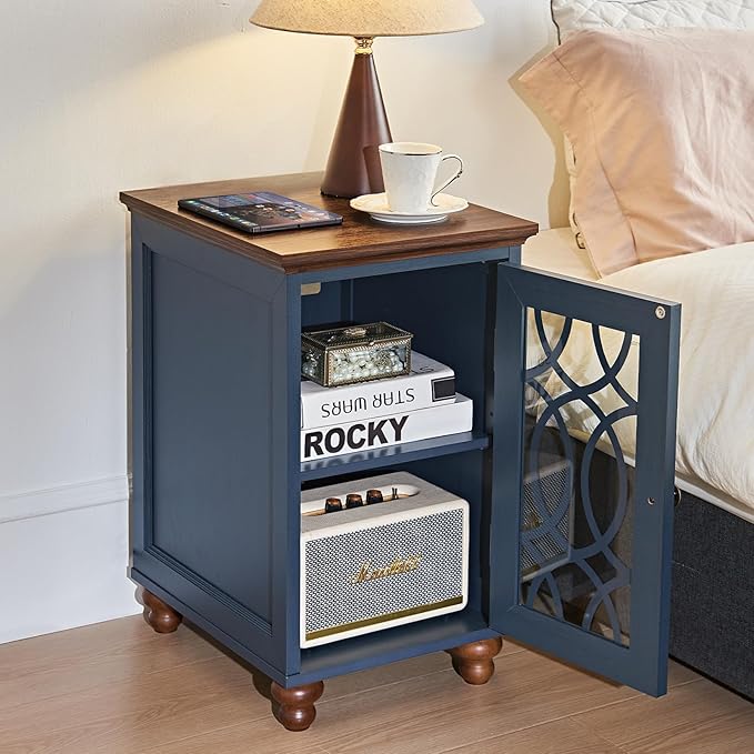 Narrow Side Table Set of 2 with Glass Door, 18 x 14'' Night Stand with Adjustable Shelf Storage Cabinet Organizer, Bedside End Tables Wood Nightstand for Small Spaces Living Room Bedroom