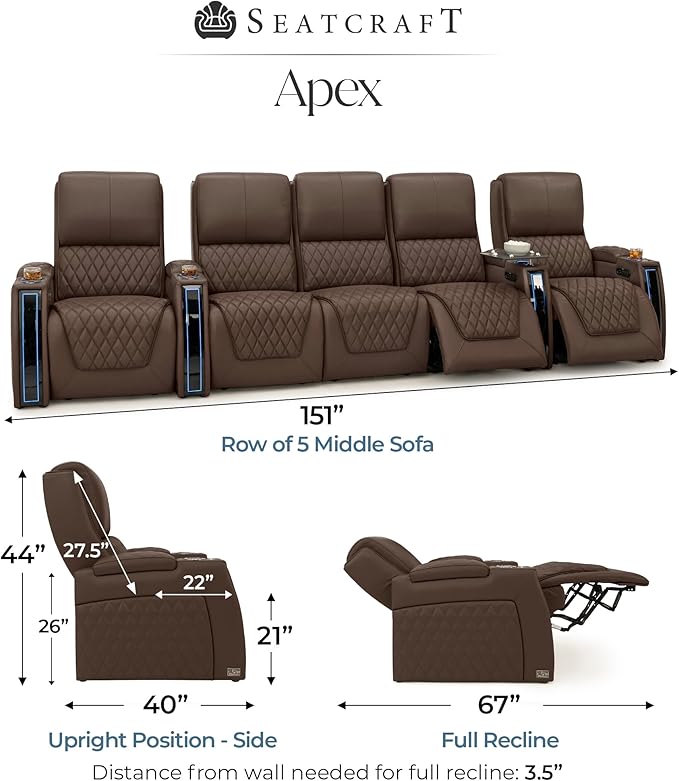 Seatcraft Apex Zero-Gravity CoolZero Italian Leather Home Theater Seating, Powered Headrest, Powered Lumbar, Powered Recline, Row of 5 Middle Sofa, Brown