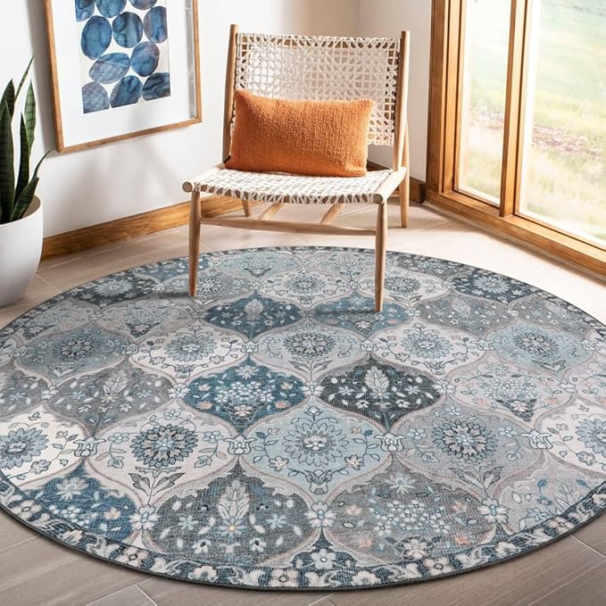 Lahome Moroccan Trellis Round Rug, 5ft, Blue, Faux Wool, Machine Wash, Non-Slip Backing, Low Pile, Floral Pattern, Area Rug for Bedroom, Living Room, Bathroom