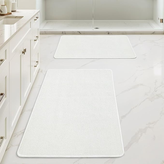 MIULEE Set of 2 Ultra Thin Bathroom Rugs, Rubber Bath Mats for Bathroom Non Slip, Quick Dry Absorbent Bath Rug Machine Washable, Fit Under Door, Shower, Sink, Home Decor, White, 17"x27"+20"x32"