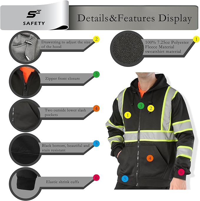 sesafety High Visibility Safety Sweatshirt for Men, Class 3 Reflective Zippered Hooded Sweatshirt, Hi-Vis Safety Hoodie with Black Bottom