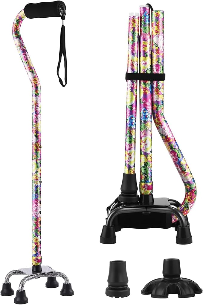 Walking Cane for Women & Men, Adjustable Quad Cane with 4-Prong Base for Stability and Balance, Folding Aluminum Walking Stick for Seniors