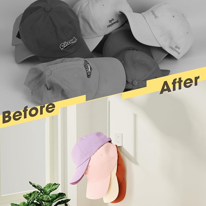 2 Pack White Hat Racks for Baseball Caps, Stainless Steel Hat Organizer for Baseball Cap, Hat Holder Storage Organizer, Hat Hanger Strong Adhesive/Wall Drilled for Door, Bedroom, Closet(8.26 in)