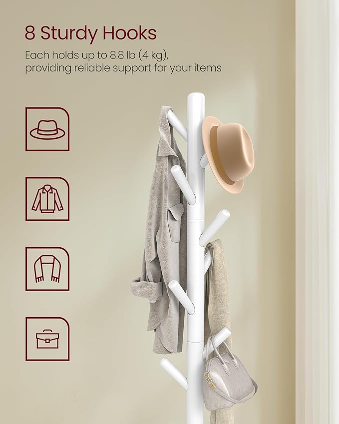 VASAGLE Coat Rack, Free Standing Coat Stand, Hall Coat Tree with 8 Hooks and Storage Shelf, 69.2 Inch Tall, for Coats, Hats, Bags, for Entryway, Hallway, Bedroom, Cloud White URCR033W01
