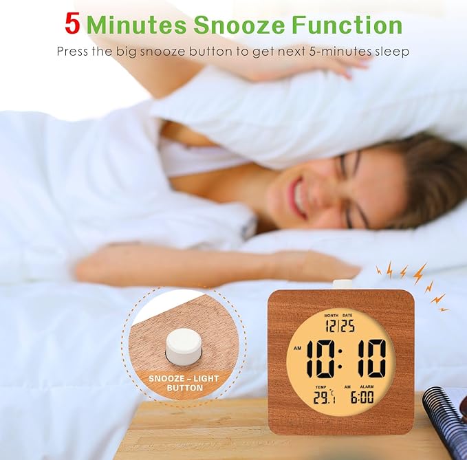 Plumeet Wooden Digital Alarm Clock for Bedrooms, Wood 4'' Battery Powered Alarm Clock with Snooze and Nightlight, Electronic LCD Desk Clock Display Time, Date, Temp, 12/24H, Wood Décor, Square, Sapele