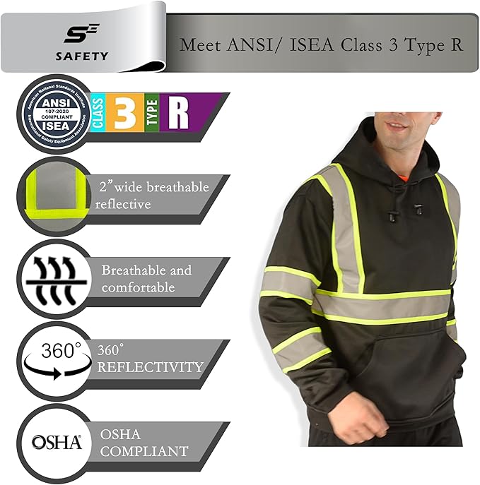 sesafety Class 3 Hi-Vis Hoodie for Men, Reflective Safety Sweatshirt, Black High Visibility Hooded Pullover