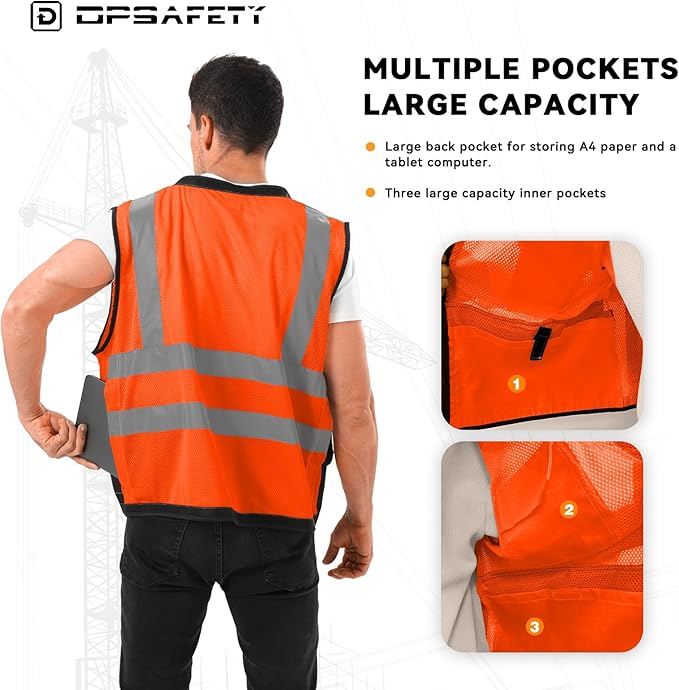 Reflective Safety vest With back plan pocket,High visibility Class 2 Heavy Duty Surveyor Vest with Zipper,Hi Vis Vest ANSI/ISEA Standard, Construction Work Vest for Men＆Women(Orange,5XL)