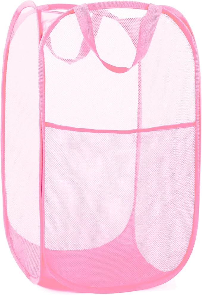 Durable Collapsible Laundry Baskets - Reinforced Mesh Pop Up Laundry Hamper with Side Pocket, Foldable Clothes Storage Hamper with Carry Handles for Laundry, Bathroom, Kids Room, Dorm or Travel Pink