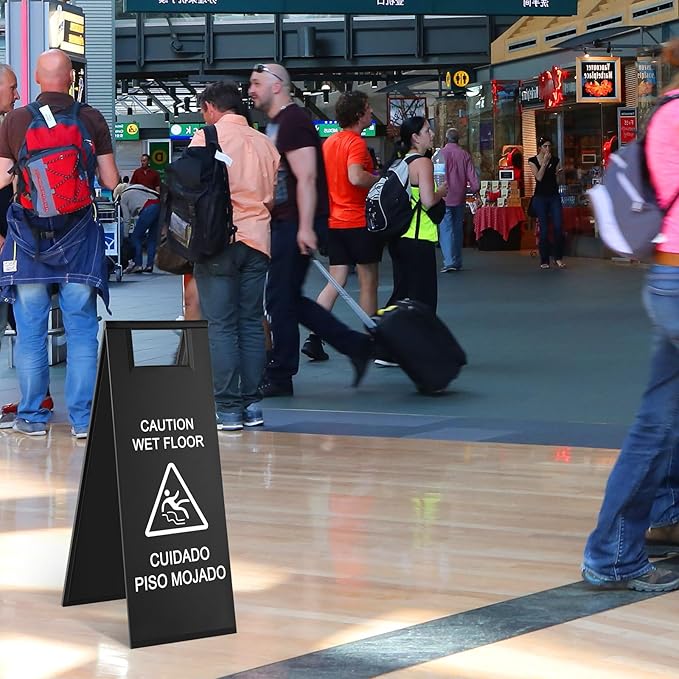 LEIFIDE 4 Pcs Stainless Steel Wet Floor Caution Sign Bulk 8.8 Pound Portable Foldable Handle Bilingual Safety Sign for Kitchen Restaurant Shop Commercial Use Avoid Fall and Slip Accident (Black)