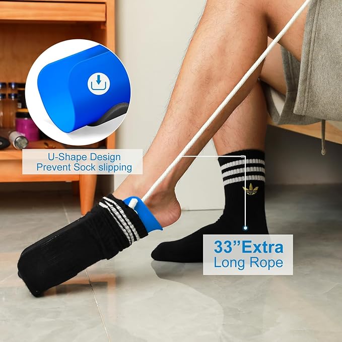 Jellas 4.0 Inch Wide Sock Aid Kit - Long Rope Assist Device for Seniors, Limited Mobility, Post-Surgery | No Bend Sock Helper & Remover | Easy On/Off Socks Tool (Blue)
