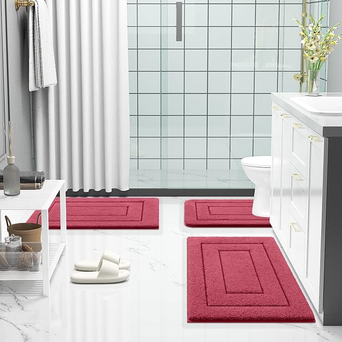 Buganda Bathroom Rugs, 30" x 20", Soft and Absorbent Microfiber Bath Rugs, Non-Slip Shaggy Shower Carpet, Machine Wash Dry Bath Mats for Bathroom Floor, Tub and Shower, Burgundy