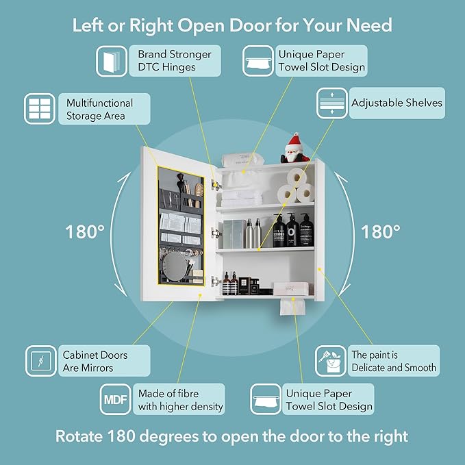 Bathroom Mirror Cabinet - Large Single Door 24x30 inchs Wall Cabinet Bathroom Vanity Mirror Cabinet with Facial Tissues Slot and Multifunctional Storage Area