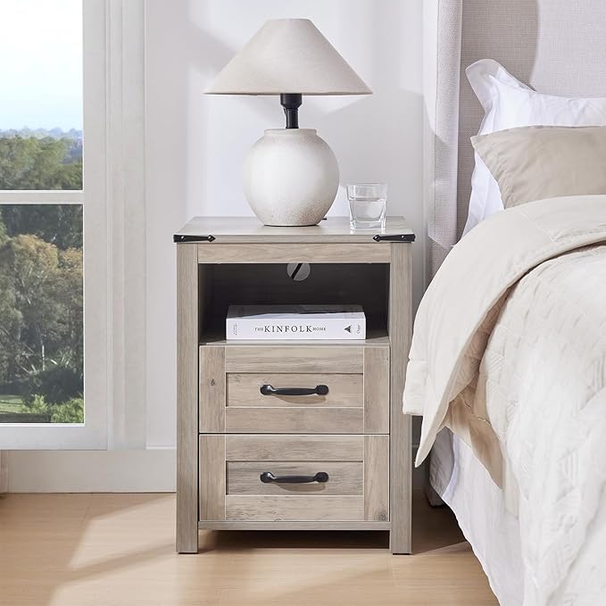 Sierra Night Stand, Rustic End Table with Charging Station, Farmhouse Tall Nightstand for Bedroom, Drawer Dresser Bedside Table with Open Storage Shelf