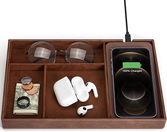 Valet Tray, Built in Wireless Charging Pad, Nightstand Organizer, Dresser Organizer, Mens Jewelry Box, Valet Charging Station, Faux Leather Valet Tray for Men and Women, Brown