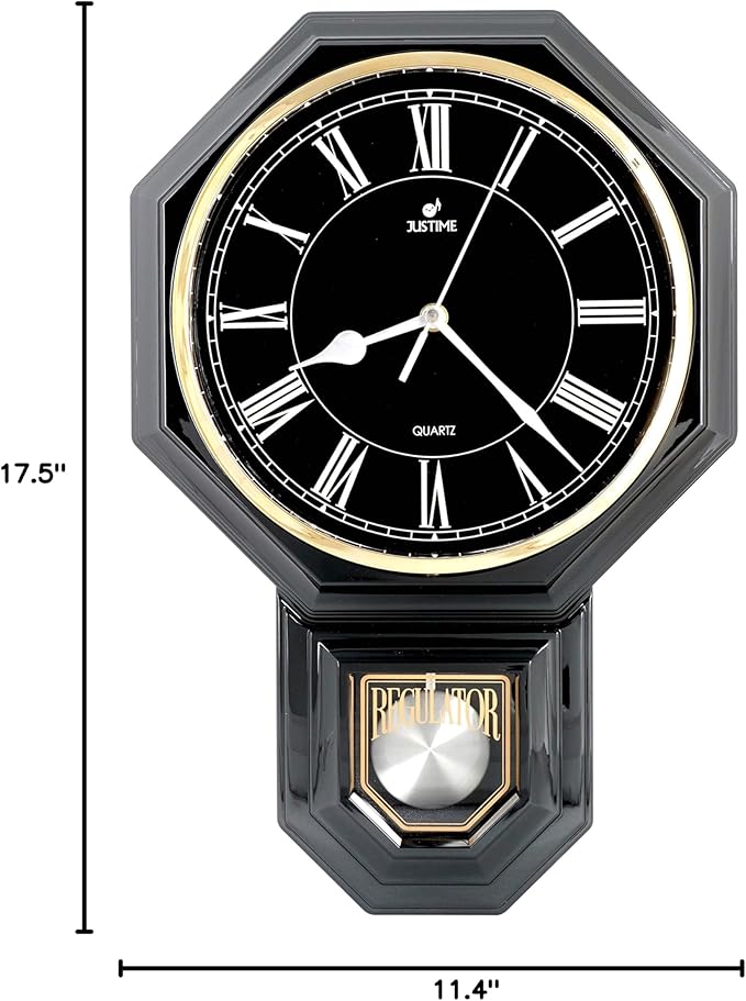 JUSTIME Traditional Schoolhouse Black & White Roman Regulator Wall Clock, Chiming Wall Clocks with Pendulum & Westminster Chime Hourly, Schoolhouse Wall Decor Battery Operated (Gun Metal)
