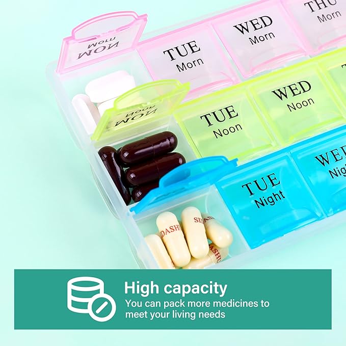 Large Weekly Pill Organizer 3 Times A Day, Moisture-Proof 7 Day Pill Box, Travel Pill Cases Portable for Pills Vitamin Fish Oil Supplements,Medicine Cases
