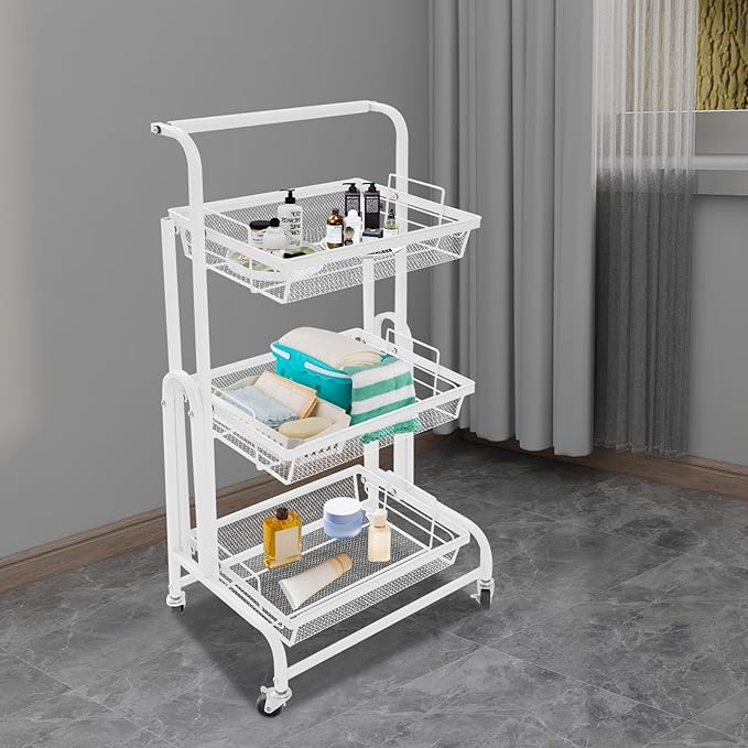 3 Tier Rolling Utility Cart with Wheels, Metal Rolling Foldable Storage Shelves, Adjustable Tilt Angle Storage Organizer for Living Rooms, Kitchens, Bathrooms (White)