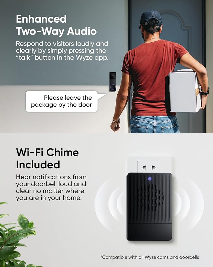 WYZE Wireless Duo Cam Video Doorbell (Chime Included), Battery Powered, 2K Full HD Video, 2 Cameras (People and Package), 2-Way Audio, Color Night Vision