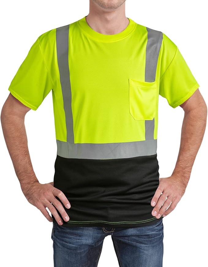 High Visibility Shirts Quick Dry Safety T Shirts with Reflective Strips and Pocket Short Sleeve Mesh Hi Vis Construction Work Class 2 Shirt for Men/Women Black Bottom Lime,Small