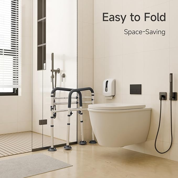 Toilet Safety Rails,Height-Adjustable Toilet Frame Width-Adjustable Toilet Handles Foldable Toilet Rail Provides Support for Seniors ， Pregnant ，Disabled （Gray）