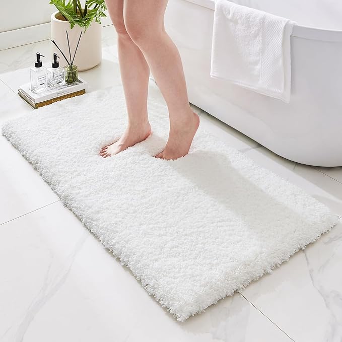 Bathroom Rugs 59x24, Ultra Thick Shaggy Soft Microfiber Absorbent Bath Rug, High Density Foam Latex Non Slip Backing, Machine Washable Bath Mats for Bathroom Floor & Sink, White