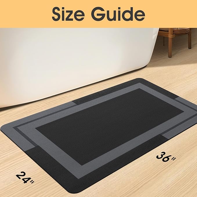 ACCUMTEK Ultra Thin Bath Mat, Upgrade Backing Non Slip Thin Bath Mats Fit Under Door, Quick Dry Ultra Absorbent Bathroom Rugs, Machine Washable Bath Rugs for Bathroom, Bathtub, Black/Bordered/36 x24