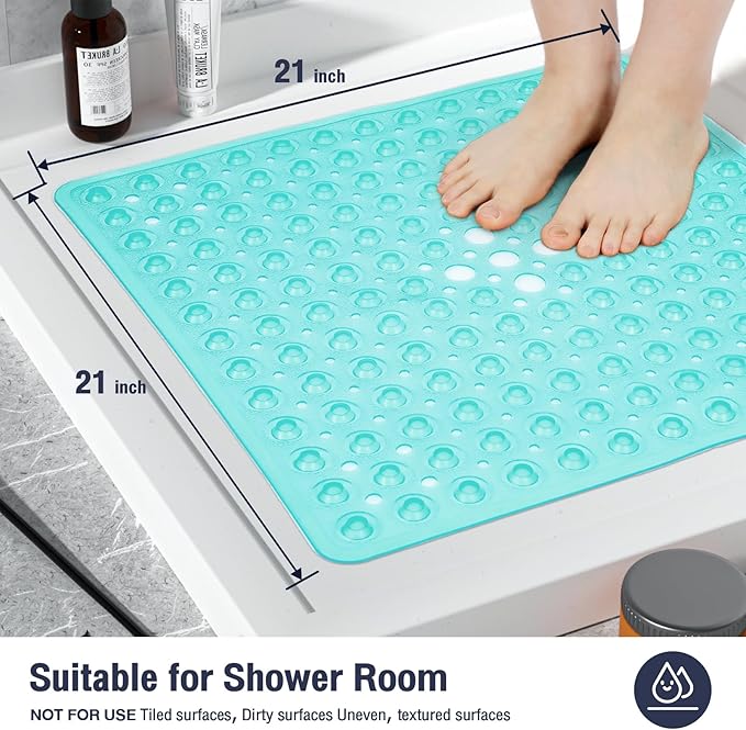 Square Shower Bathtub Mat Non Slip for Inside Shower Clear Green 21x21 Inch, Shower Stall Mats for Bathroom Floor, Soft Bath Mat for Tub with Big Suction Cups Drain Holes, Easy Washable Dry