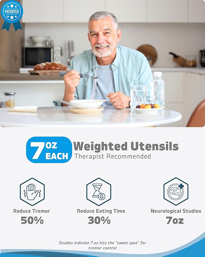 Adaptive Utensils (4-Piece Kitchen Set) Weighted 7 oz - 42° Angled Utensils for Parkinson's Patients, Hand Tremors, Arthritis & Elderly - Weighted Silverware for Hand Tremors (Left Handed)