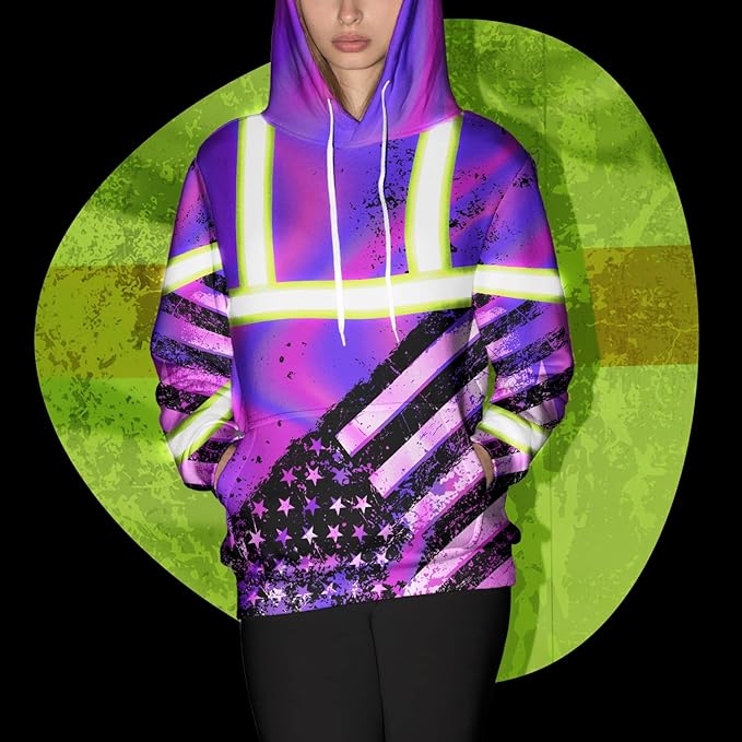 US Flag High Visibility Hoodie for Men Reflective Hoodie Safety Workwear for Worker Runner Patriotic ACC02
