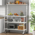 Leteuke 42 Inch Bakers Rack with Wheels, 4-Tier Microwave Stand Kitchen Cart, Heavy Duty Utility Kitchen Cart, Microwave Cart Storage Rack with 20 S-Hooks & Shelf Liners, 42× 18× 63 Inch, White