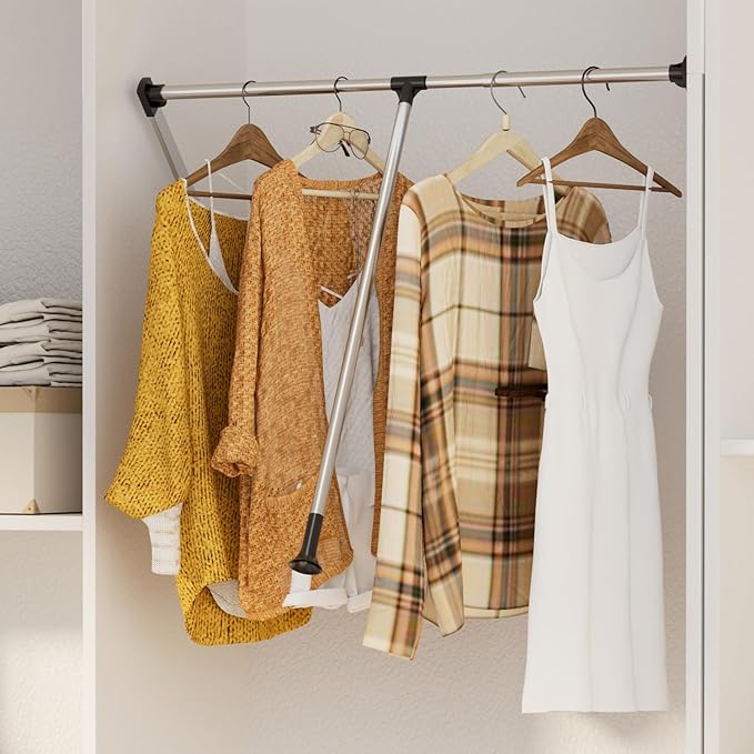 uyoyous Pull Down Closet Rod, 32.67-45.27'' Width Adjustable Wardrobe Rail for Hanging Clothes, Chrome Steel Expanding Closet Rods for Home