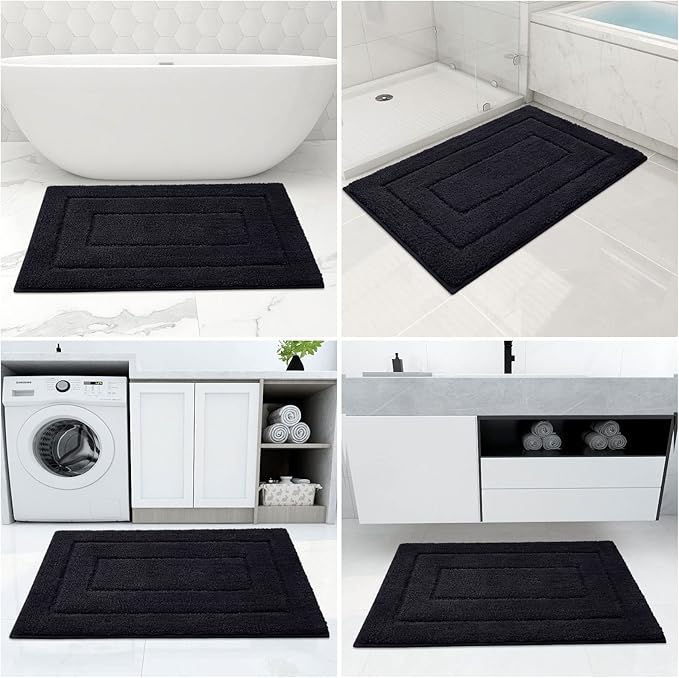 Buganda Bathroom Rugs, 47" x 24", Soft and Absorbent Microfiber Bath Rugs, Non-Slip Shaggy Shower Carpet, Machine Wash Dry Bath Mats for Bathroom Floor, Tub and Shower, Black